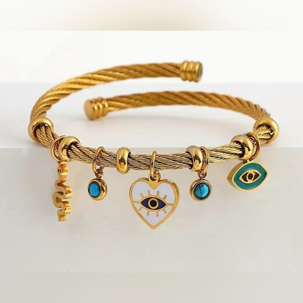 Gold Boho Evil Eye Open Cuff Charm Bracelet